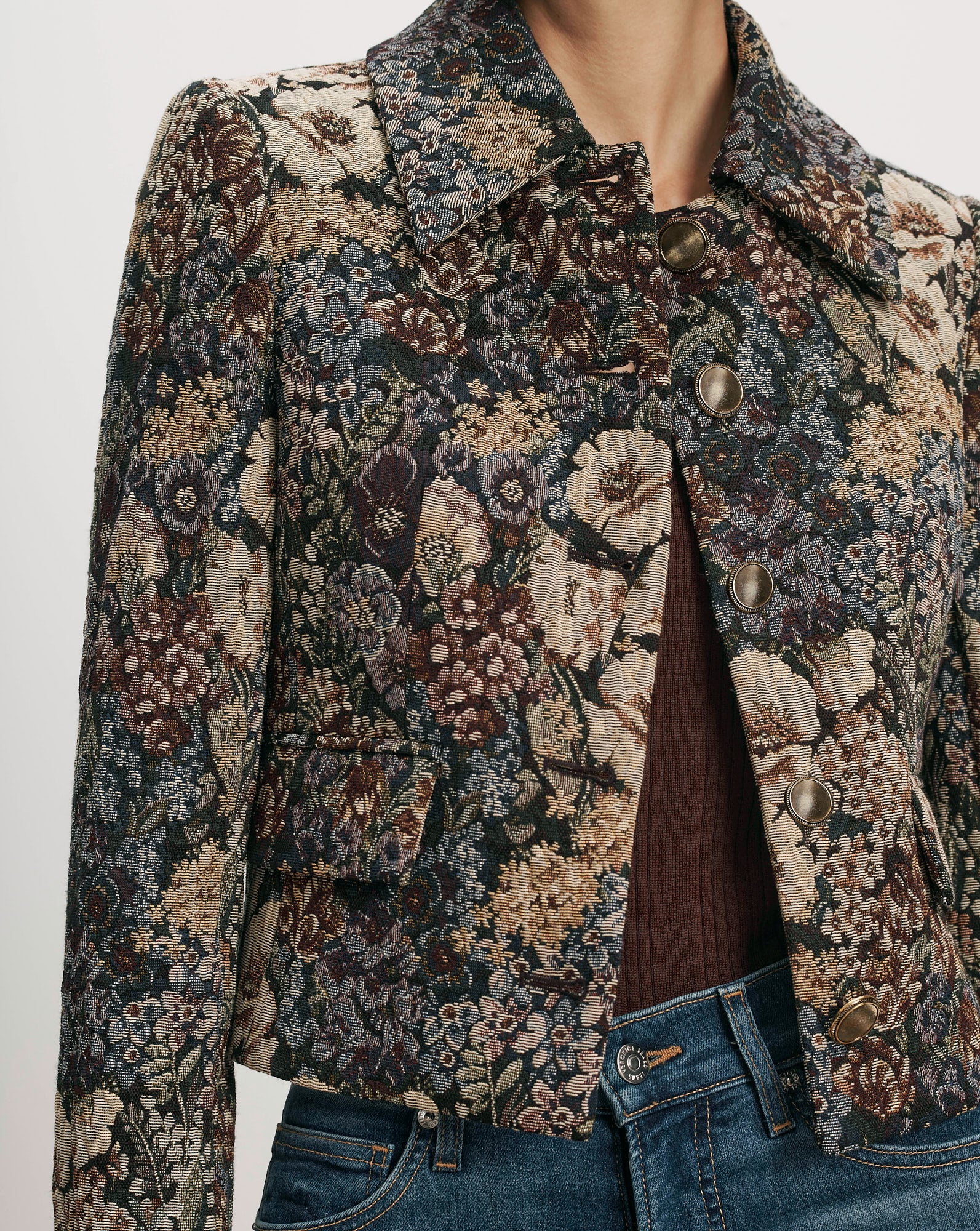 Veronica Beard Floral tapestry jacket with brown buttons