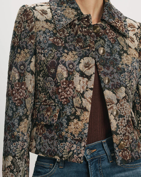 Veronica Beard Floral multi-color tweed jacket with gold buttons.