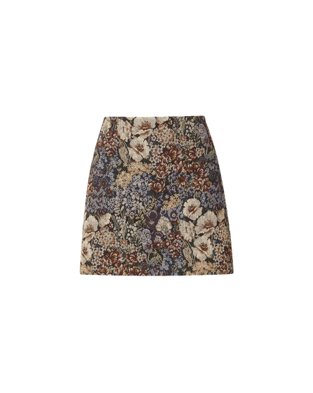 Veronica Beard Beige knit sweater, floral mini skirt, brown suede boots.