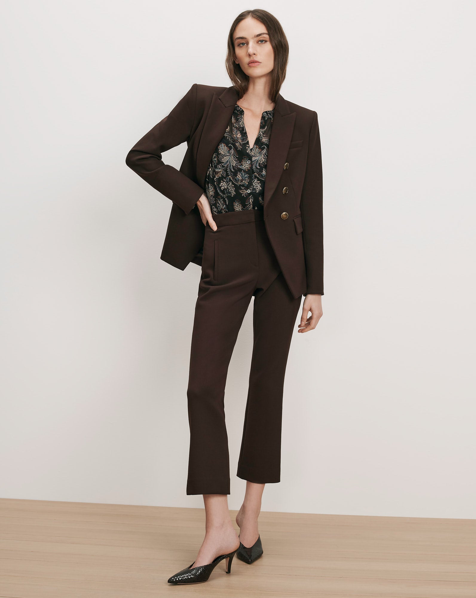Veronica Beard Brown suit with black floral blouse