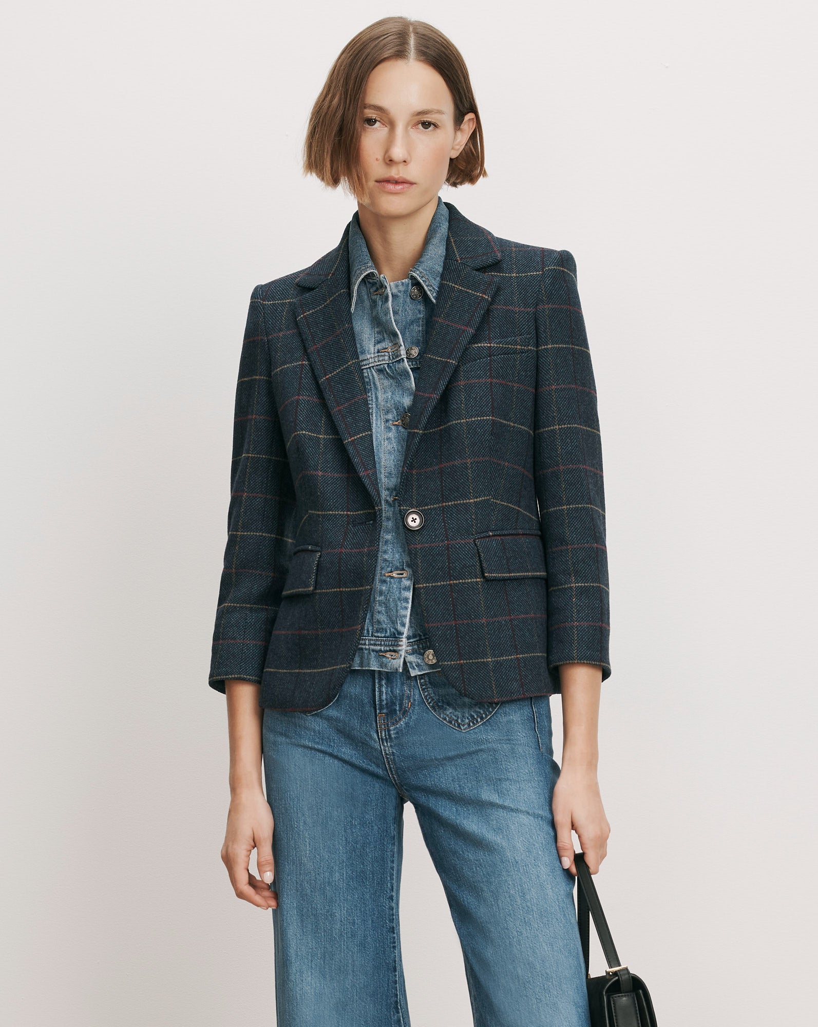 Veronica Beard Navy plaid tweed blazer with three-quarter sleeves.