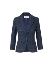 Veronica Beard Blue plaid tweed blazer with single button.