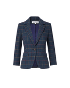 Veronica Beard Blue plaid tweed blazer with single button.