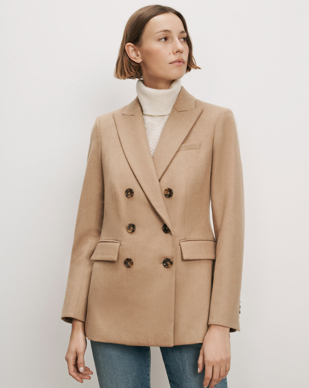 Veronica Beard Camel double-breasted wool blazer with tortoise buttons.