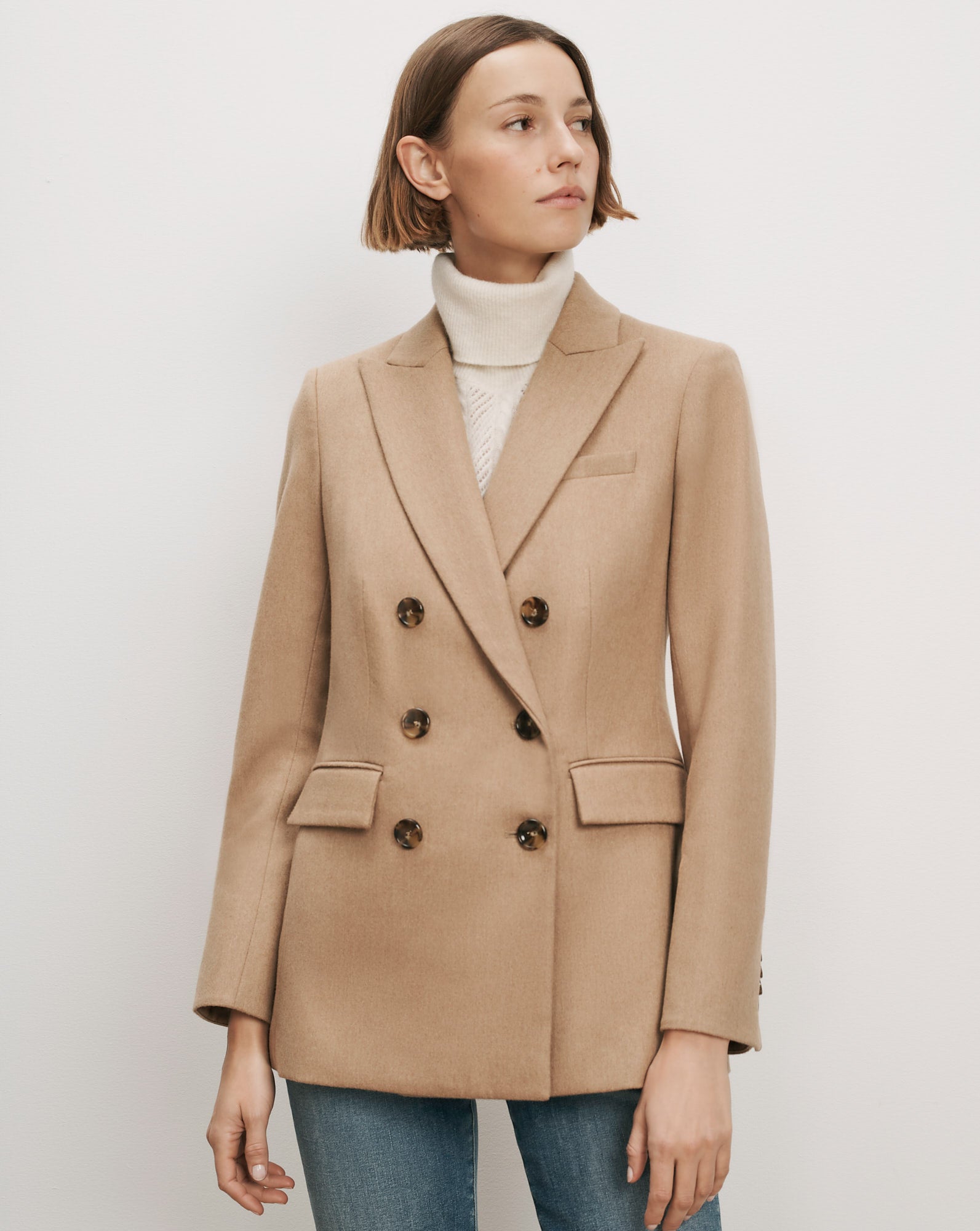 Veronica Beard Camel double-breasted wool blazer with tortoise buttons.