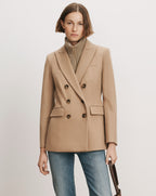 Veronica Beard Camel wool double-breasted blazer with notched lapels.