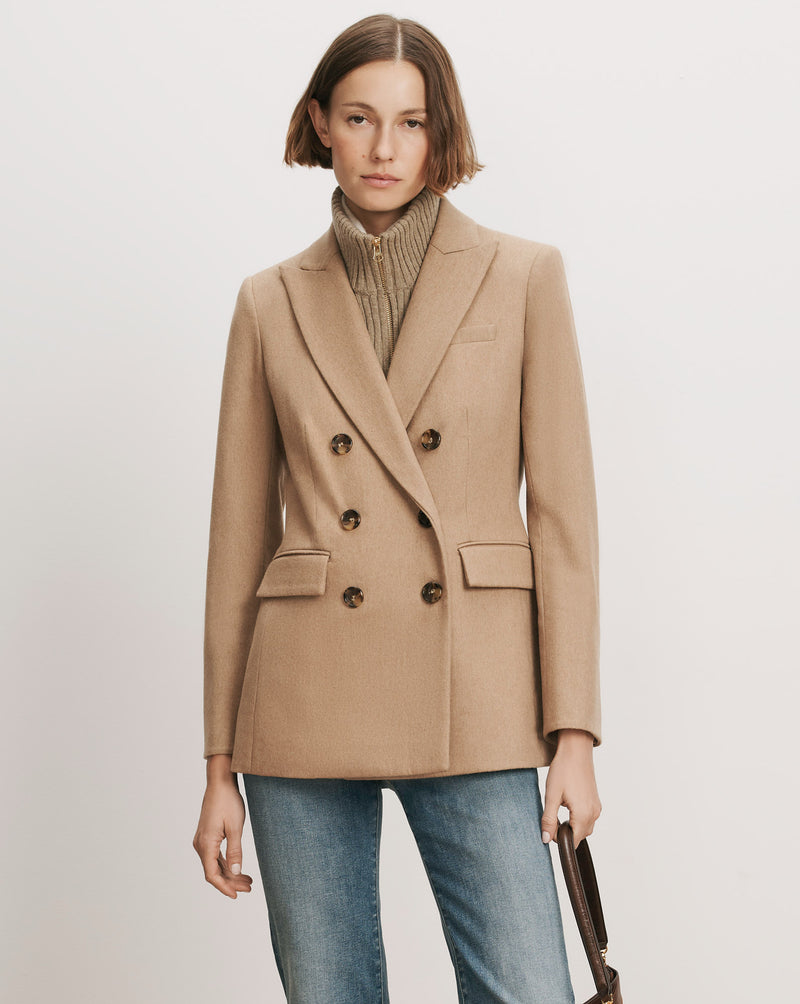 Veronica Beard Camel wool double-breasted blazer with notched lapels.