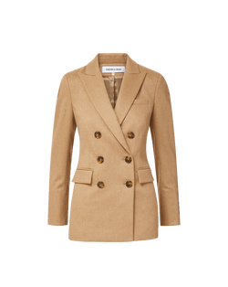 Veronica Beard Camel double-breasted blazer with tortoise buttons