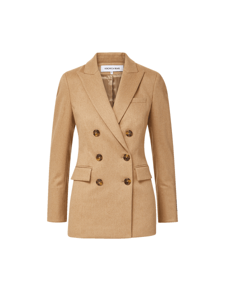 Veronica Beard Camel double-breasted wool blazer with tortoise buttons.