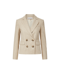 Veronica Beard Beige linen double-breasted blazer with four buttons.