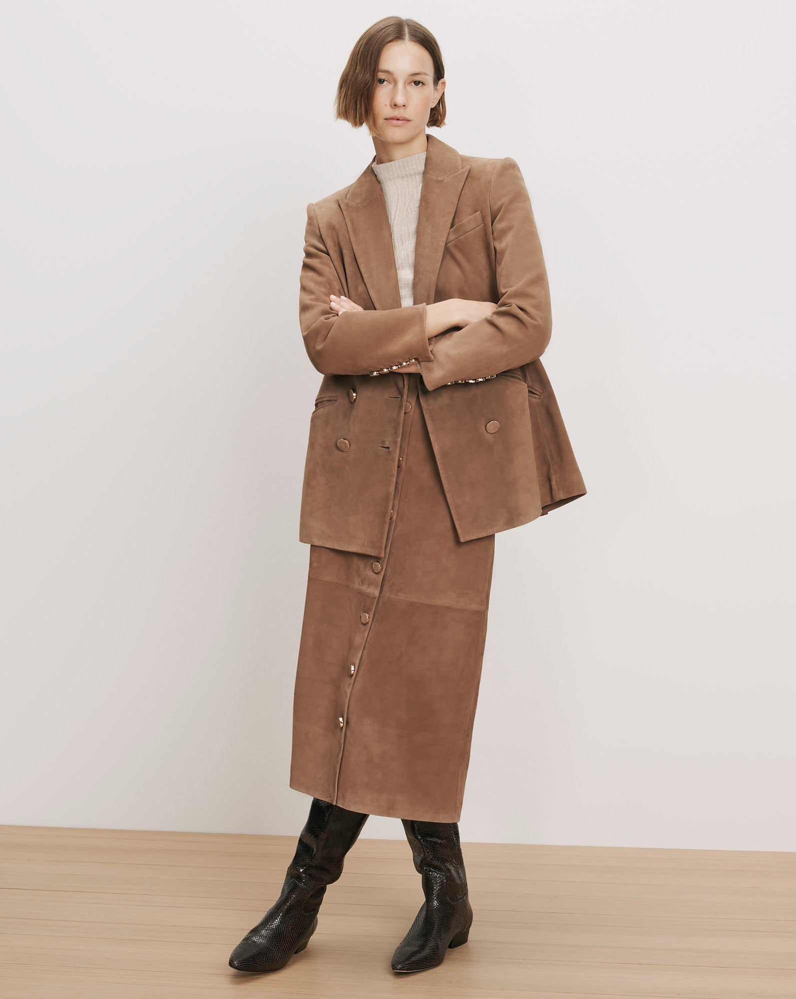 Veronica Beard Brown suede double-breasted blazer and midi skirt set.