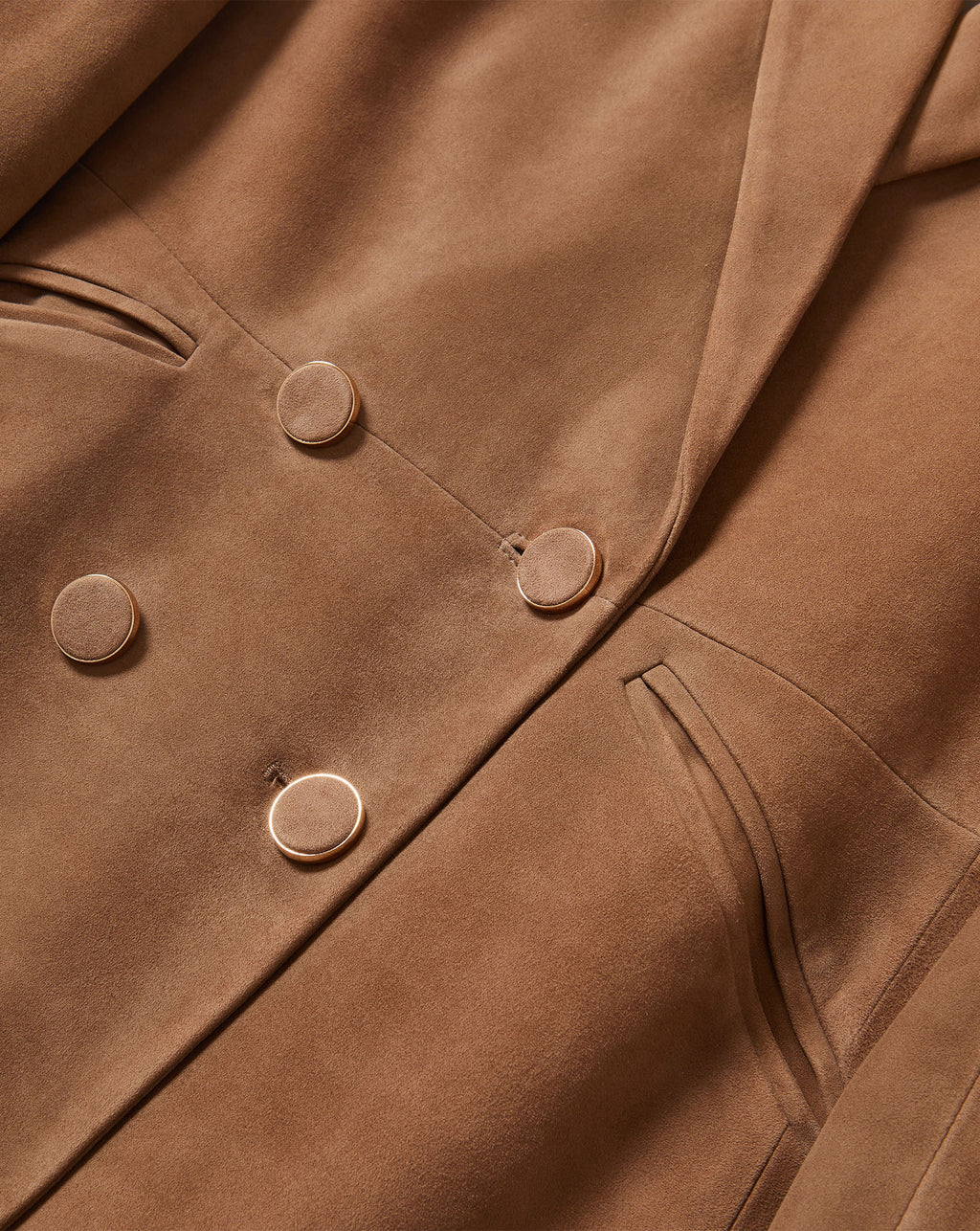 Veronica Beard Brown double-breasted blazer with gold buttons.