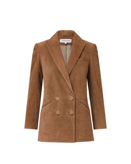 Veronica Beard Brown suede blazer, knit sweater, and blue jeans.
