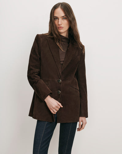 Veronica Beard Brown suede blazer with two buttons.