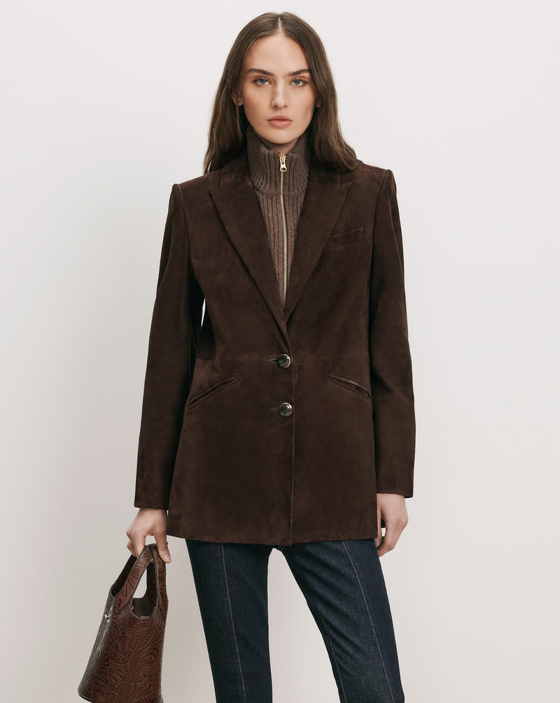 Veronica Beard Brown suede blazer, single-breasted, two-button closure.