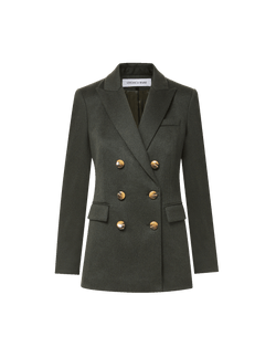 Veronica Beard Dark green wool double-breasted blazer with gold buttons.