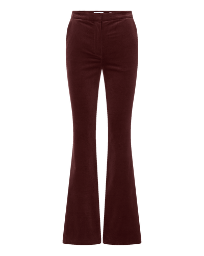 Veronica Beard Burgundy velvet flared trousers with a high waist.