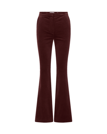 Veronica Beard Brown velvet flared pants and black sheer paisley blouse.
