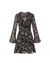 Veronica Beard Black floral mini dress with ruffles and bell sleeves.