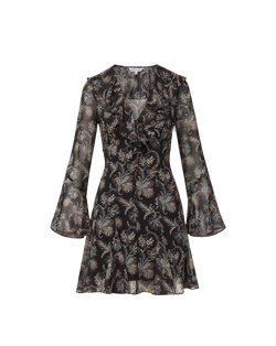 Veronica Beard Black floral mini dress with ruffles and bell sleeves.