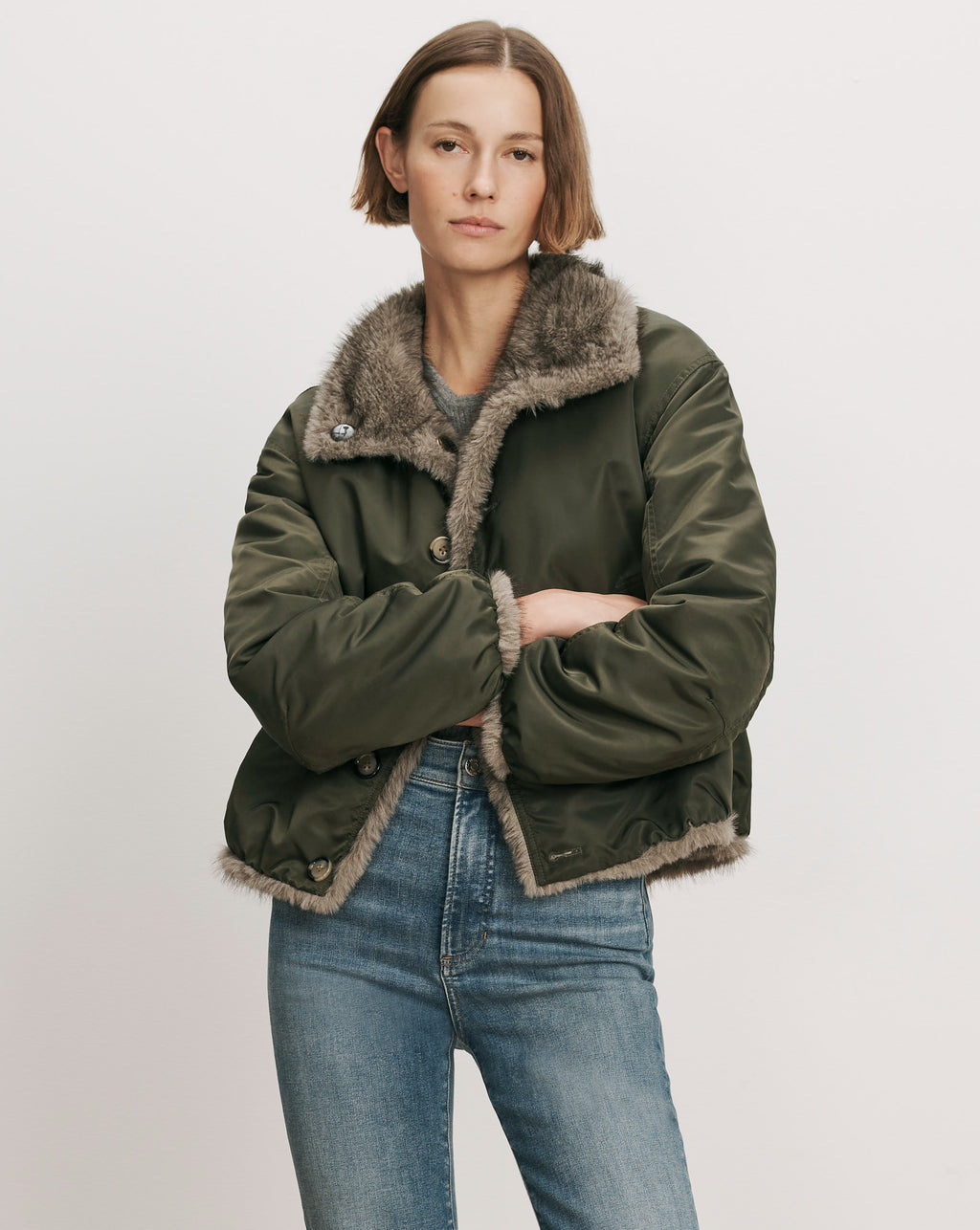 Veronica Beard Olive green bomber jacket with faux fur trim.