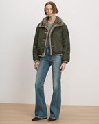 Veronica Beard Olive green bomber jacket with faux fur trim.