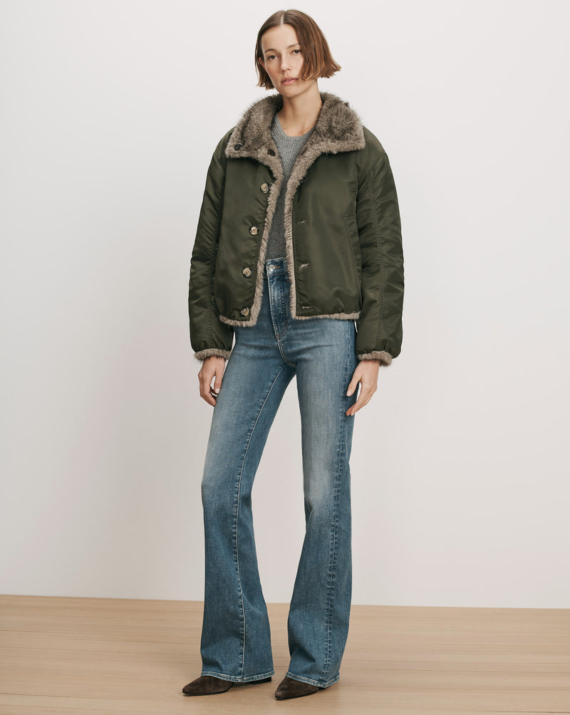 Veronica Beard Olive green bomber jacket with faux fur trim.