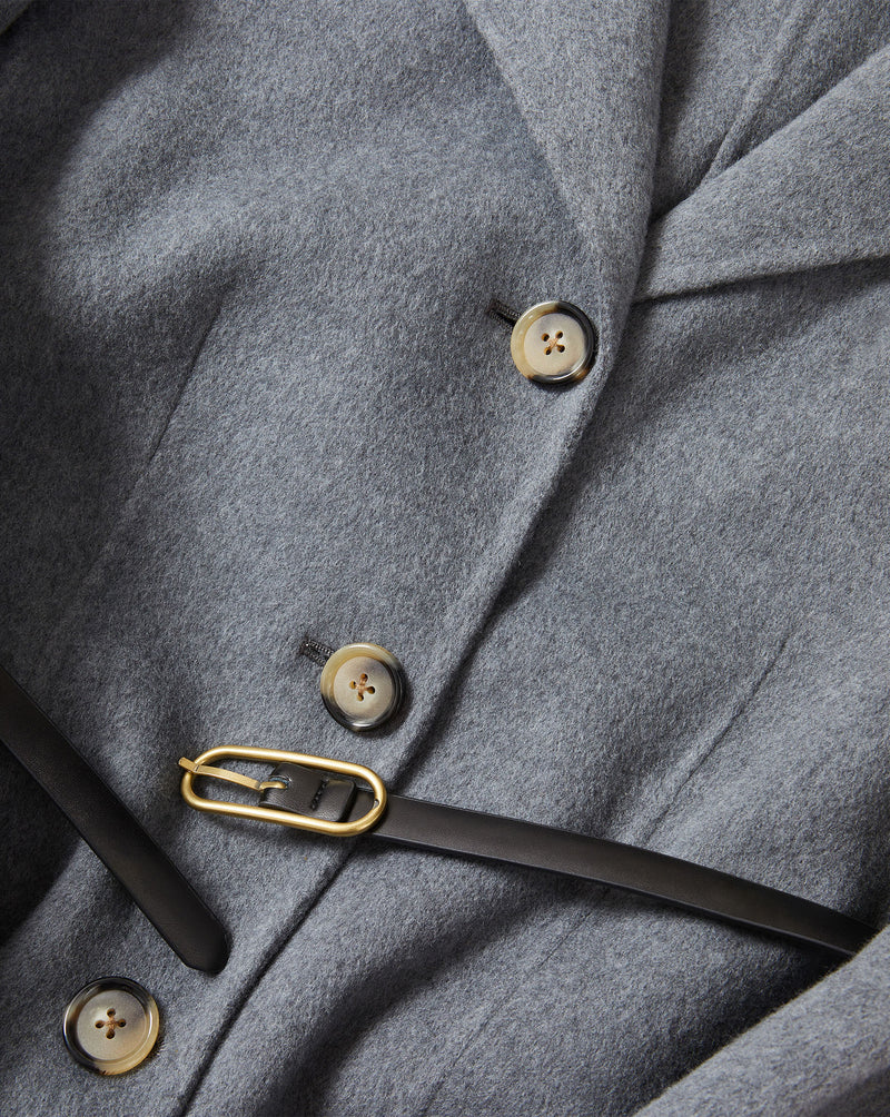 Veronica Beard Gray wool coat with black belt and buttons.