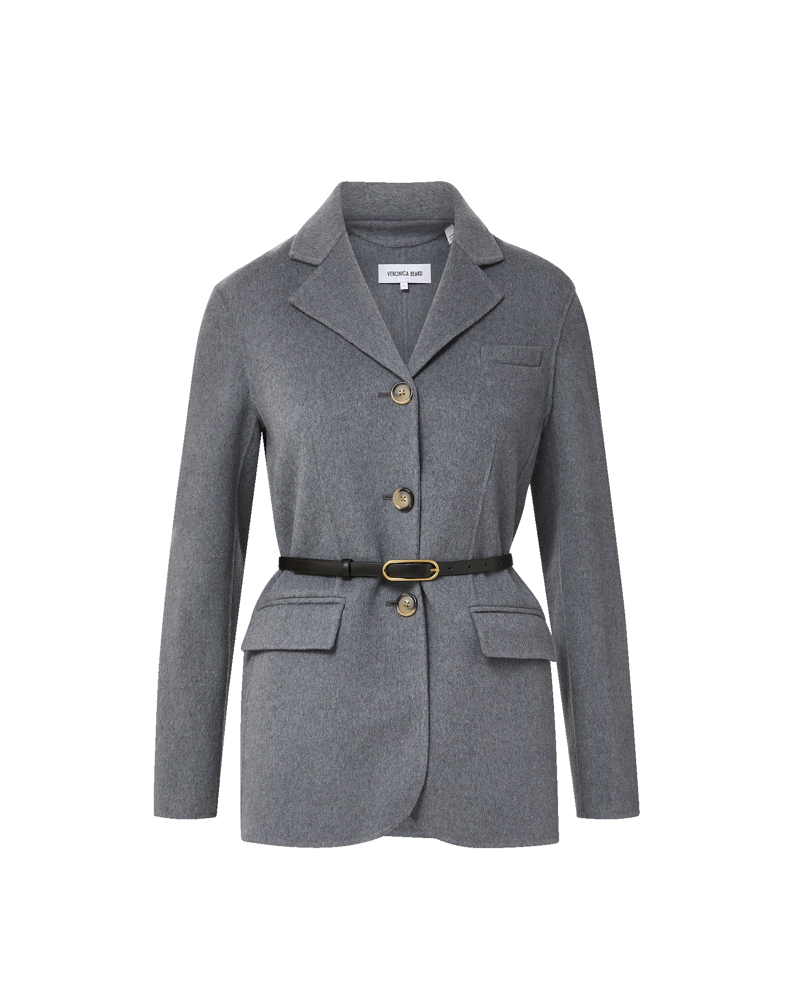 Veronica Beard Gray wool blazer with black belt.
