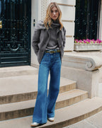 Veronica Beard Gray wool blazer with black belt.