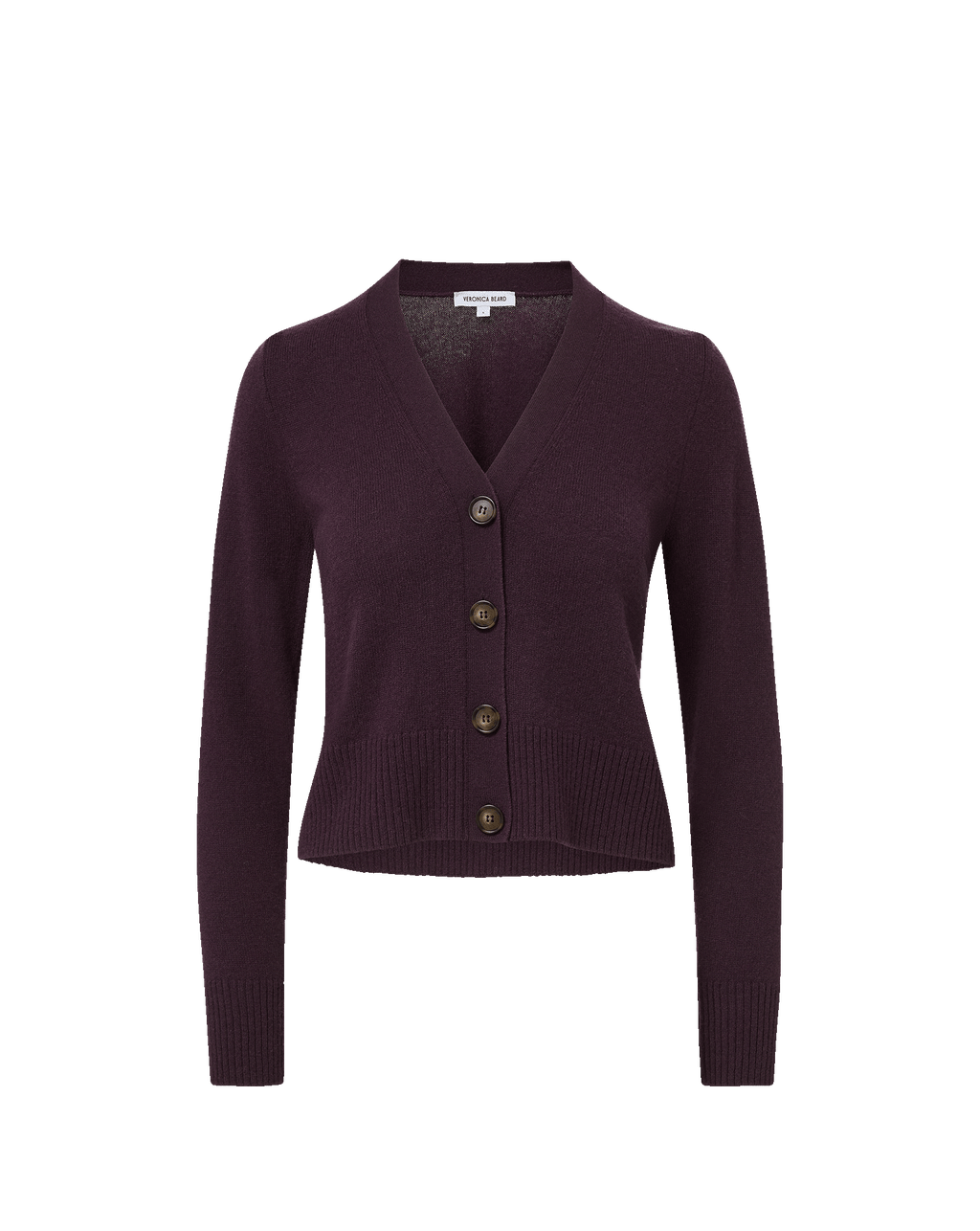 Veronica Beard Plum knit V-neck cardigan with four buttons.