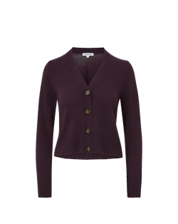 Veronica Beard Plum knit V-neck cardigan with four buttons.