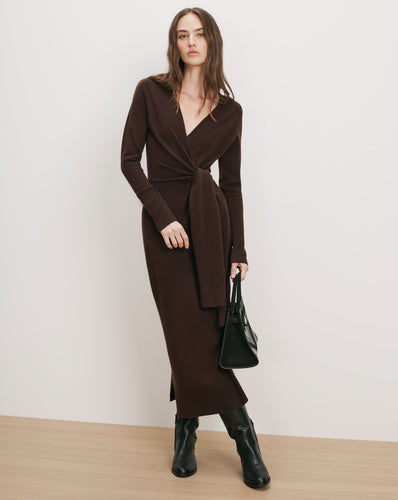 Veronica Beard Brown knit wrap dress with tie waist.