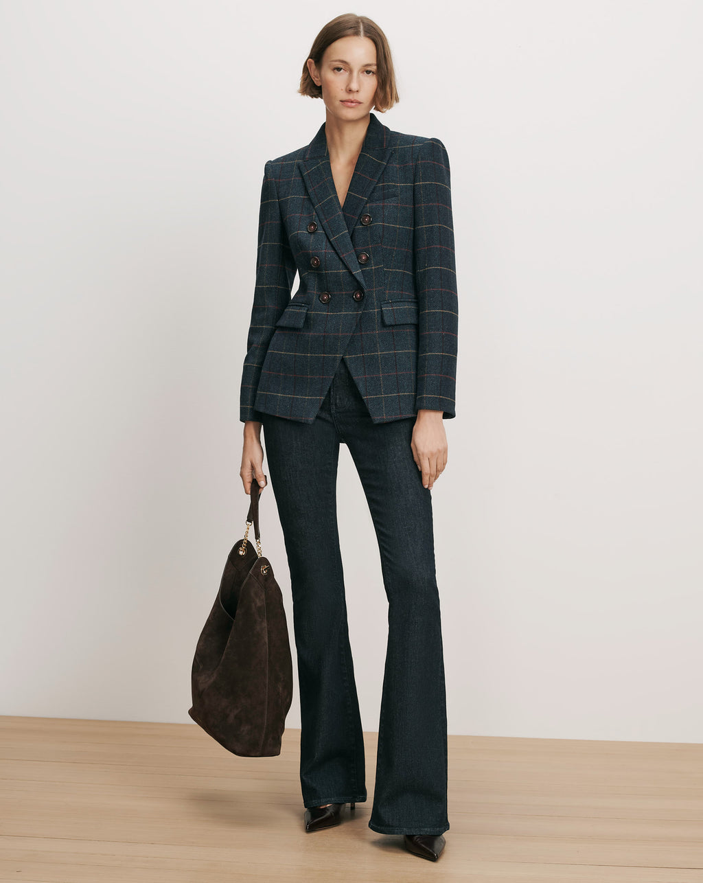 Veronica Beard Plaid double-breasted blazer, dark wash flared jeans
