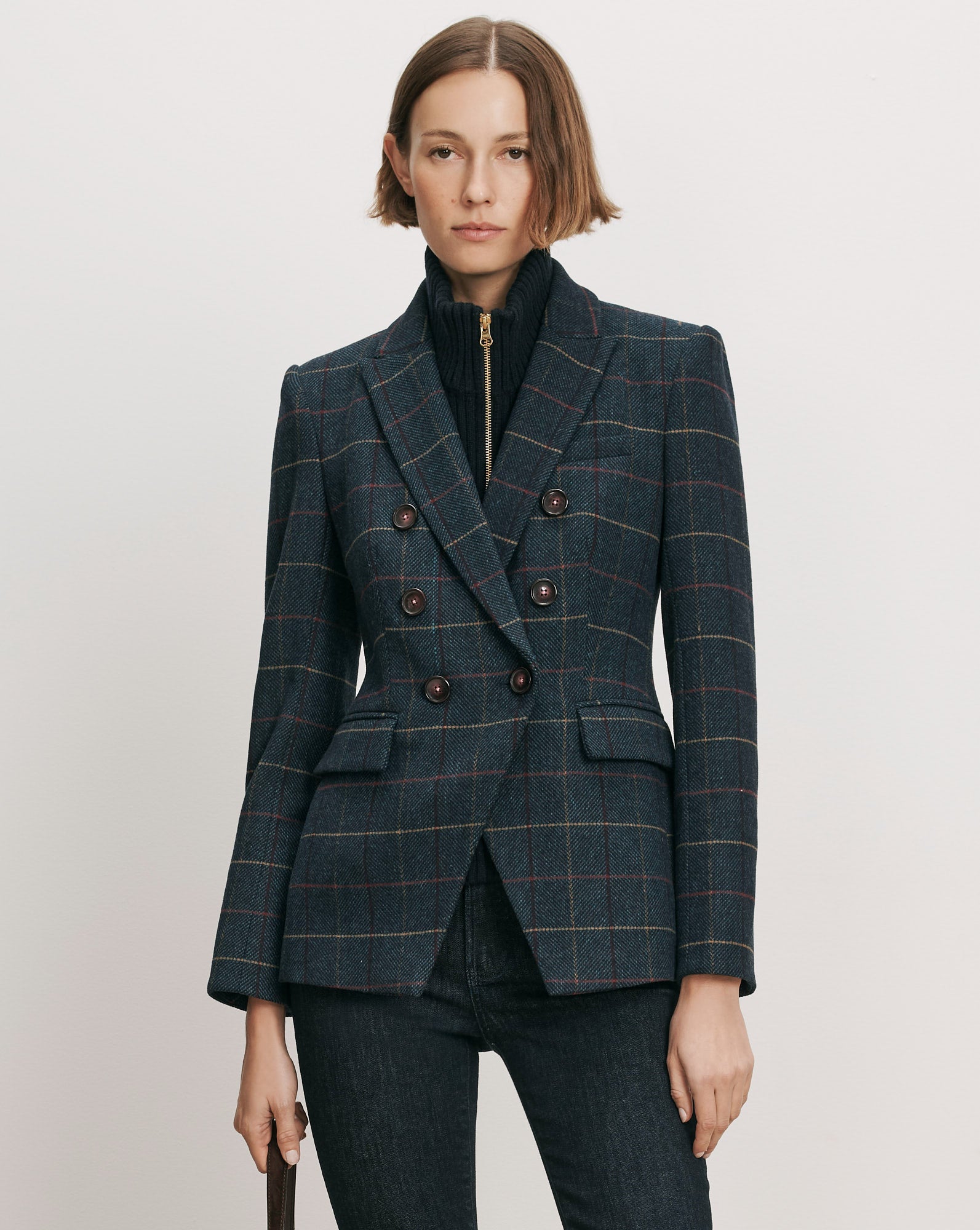 Veronica Beard Navy plaid double-breasted blazer