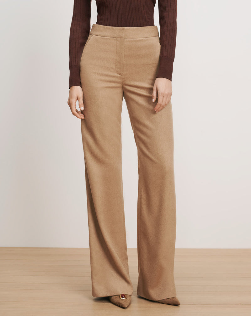 Veronica Beard Tan wide-leg trousers with a flat front.