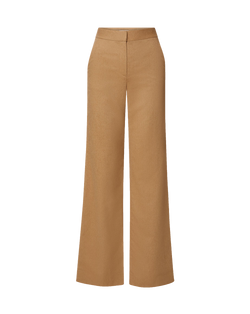 Veronica Beard Camel wool wide-leg trousers with fitted waistband.