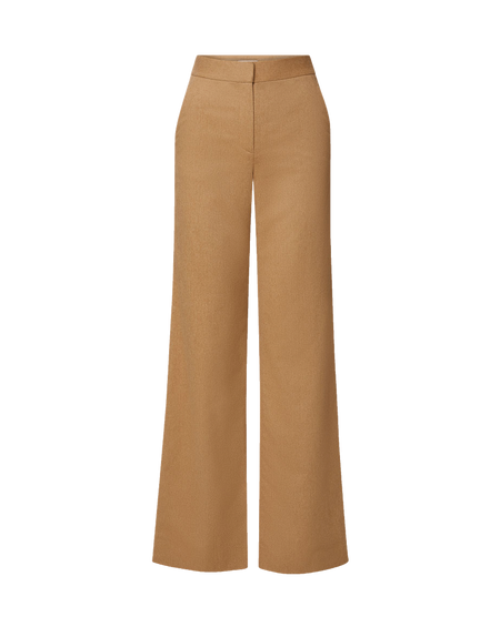Veronica Beard Brown ribbed polo shirt, tan wide-leg trousers.
