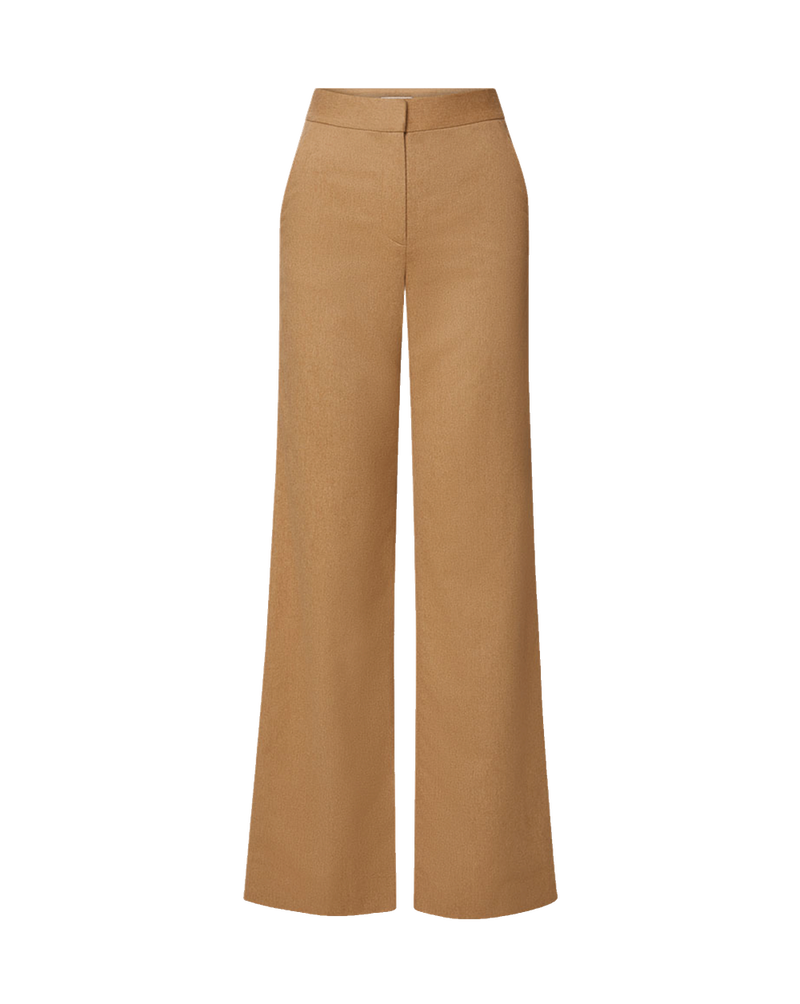 Veronica Beard Camel wool wide-leg trousers with fitted waistband.