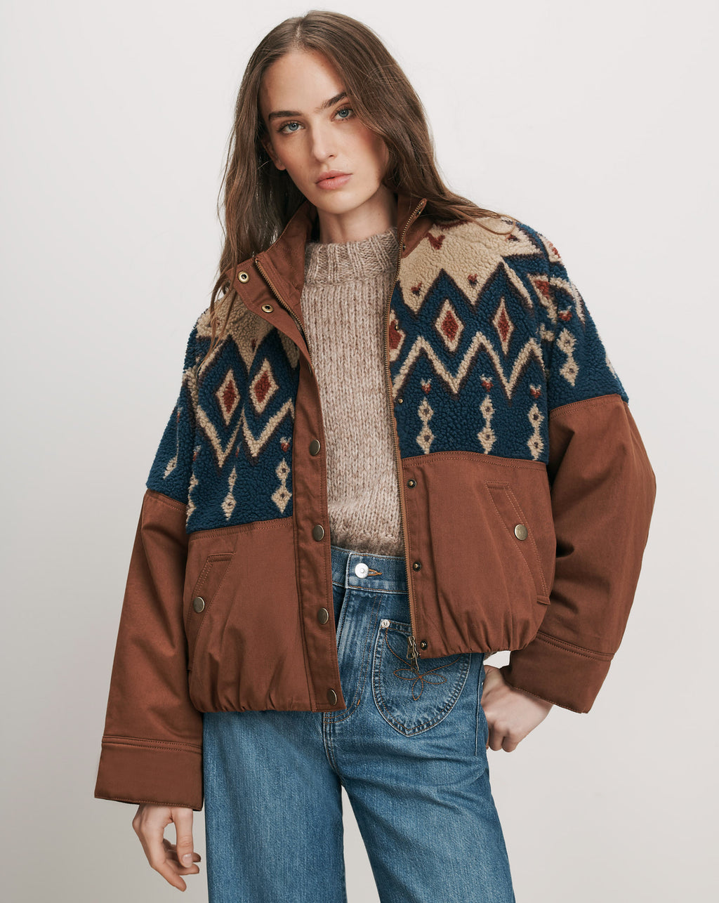 Veronica Beard Brown and blue patterned fleece bomber jacket.