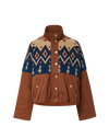 Veronica Beard Brown and blue patterned fleece jacket with gold buttons.