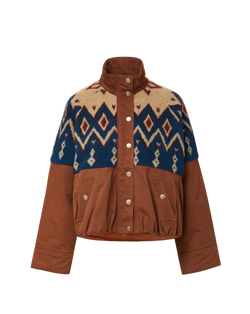 Veronica Beard Brown and blue patterned fleece jacket with gold buttons.