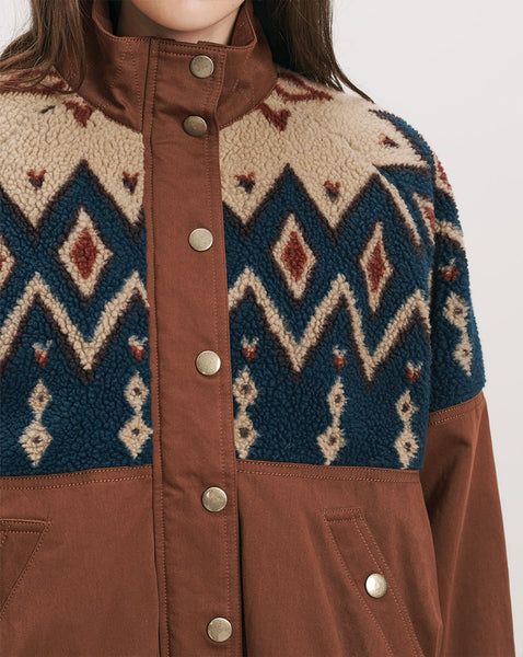 Veronica Beard Brown and blue patterned sherpa fleece jacket.