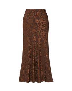Veronica Beard Brown floral jacquard satin midi skirt.