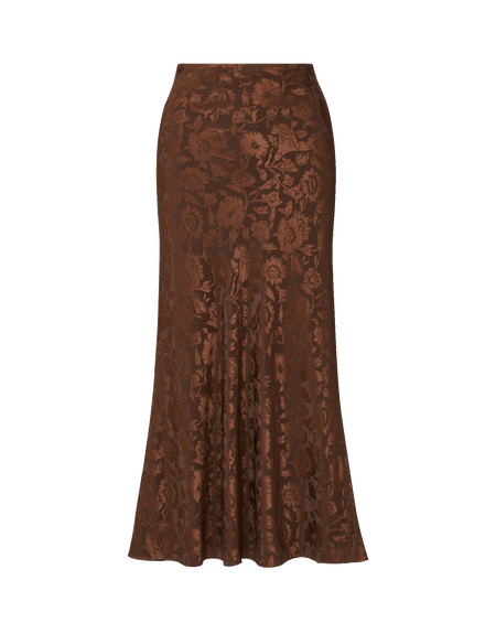 Veronica Beard Brown long-sleeve top and floral maxi skirt.
