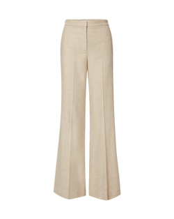 Veronica Beard Beige wide-leg linen trousers with pressed creases.