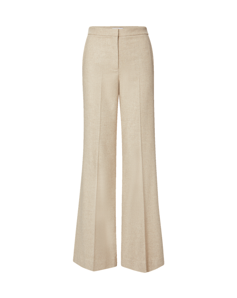 Veronica Beard Beige wide-leg linen trousers with pressed creases.