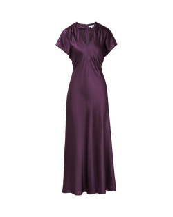 Veronica Beard Purple satin midi dress with short sleeves and V-neck.
