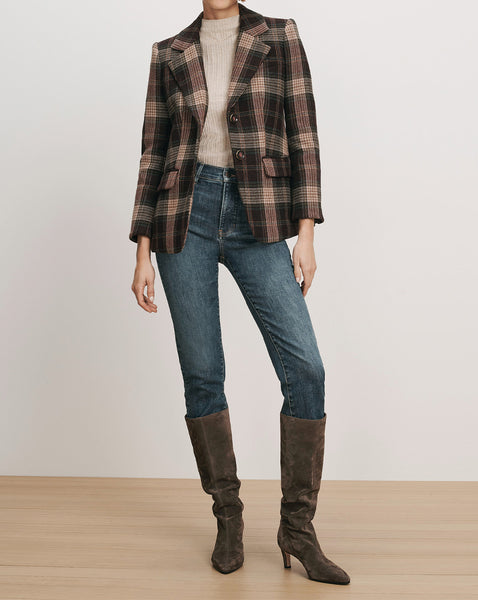 Veronica Beard Brown plaid wool blazer over blue denim jeans.