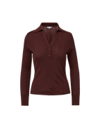 Veronica Beard Burgundy ribbed knit polo shirt with button placket.